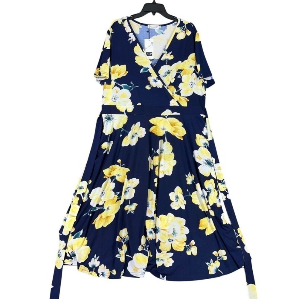 Kissmay Floral Wrap Dress Womens 22W Navy Yellow Short Sleeve Midi Casual Summer